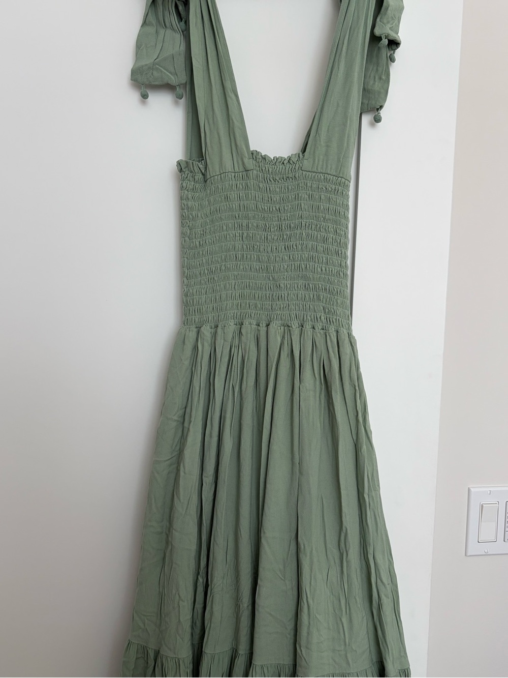 Smocked Midi Dress with Adjustable Tie Straps - Sage Green